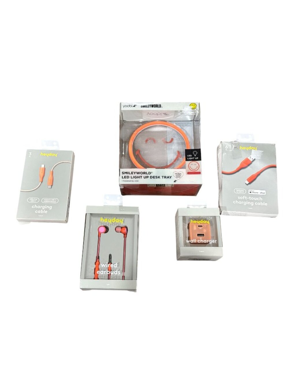 Set of 5 Heyday & Smileyworld Tech Accessories Bundle: Wired Earbuds, USB-C/A Ca